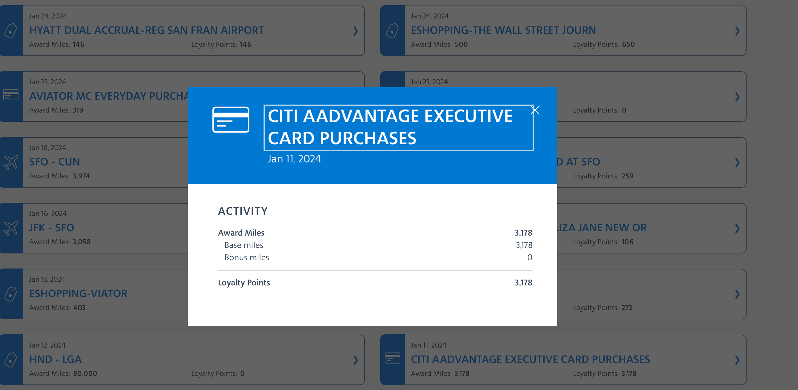 American Airlines Citi AAdvantage miles activity post. AMERICAN AIRLINES